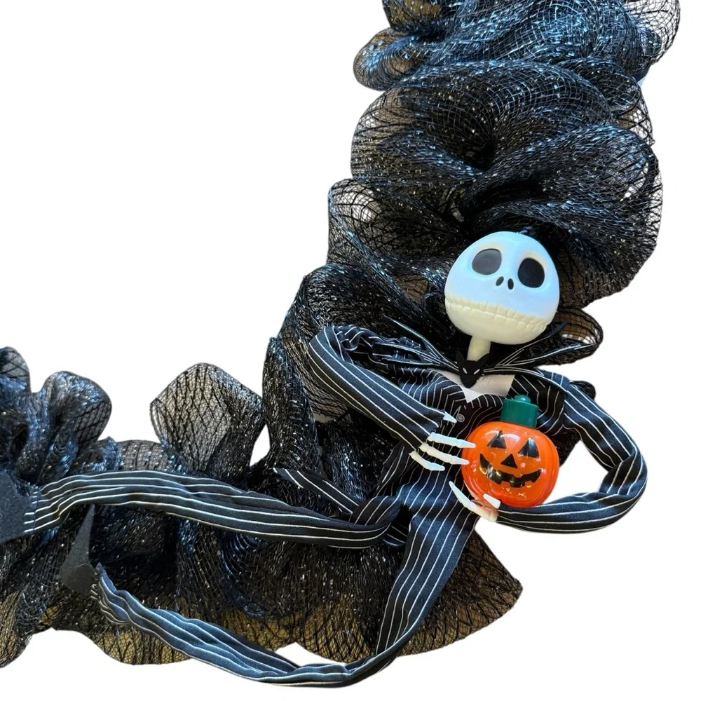 Halloween Black Mesh Wreath with Jack Skellington Figurine & Orange Flowers – 22